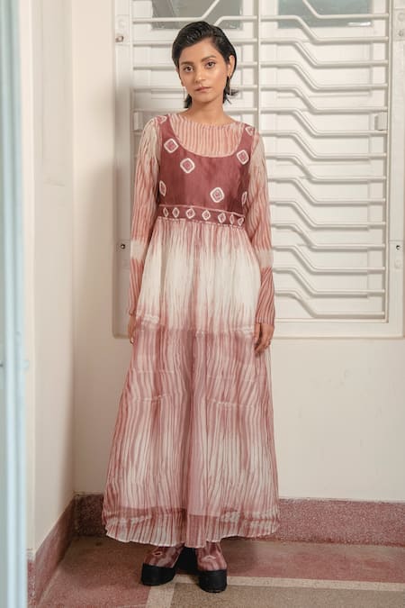 Shop_The Loom Art_Maroon Crew Neck Shibori Embroidered Maxi Dress _Online_at_Aza_Fashions