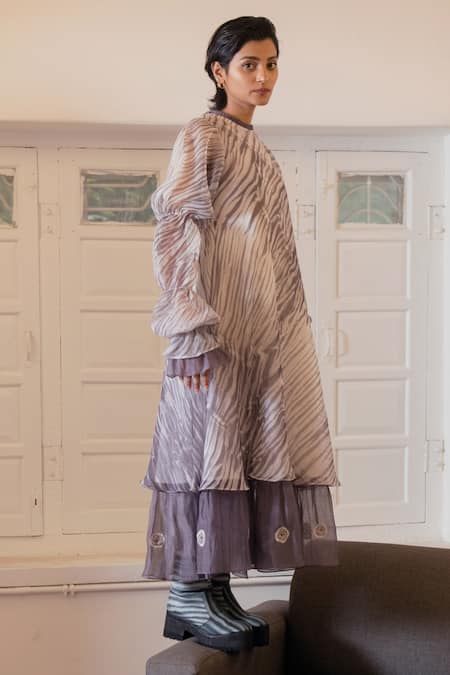 The Loom Art_Purple Chanderi Organza Silk Round Shibori Layered Dress _Online_at_Aza_Fashions