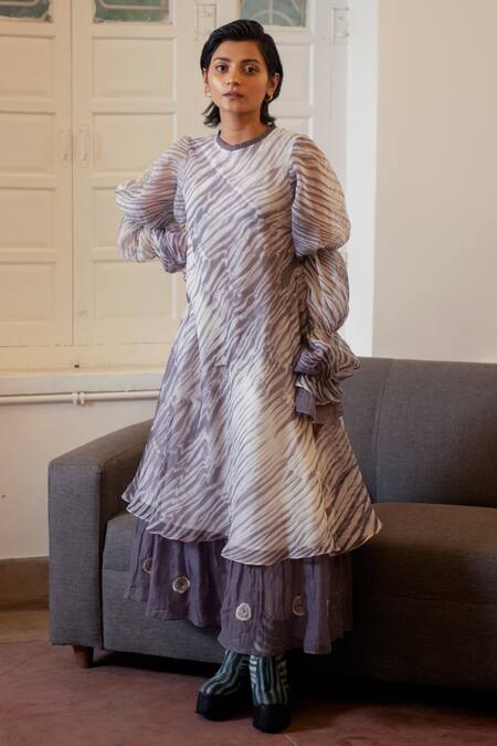 Buy_The Loom Art_Purple Chanderi Organza Silk Round Shibori Layered Dress _Online_at_Aza_Fashions