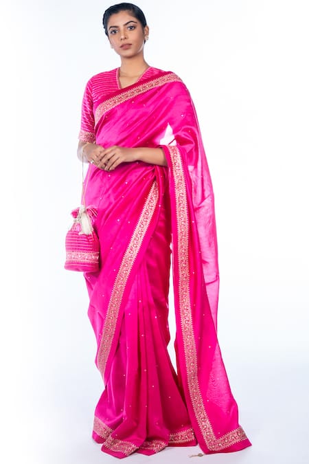 Deep Thee Pink Chanderi Silk V Neck Saree With Blouse 