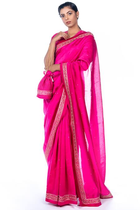 Shop_Deep Thee_Pink Chanderi Silk V Neck Saree With Blouse _at_Aza_Fashions