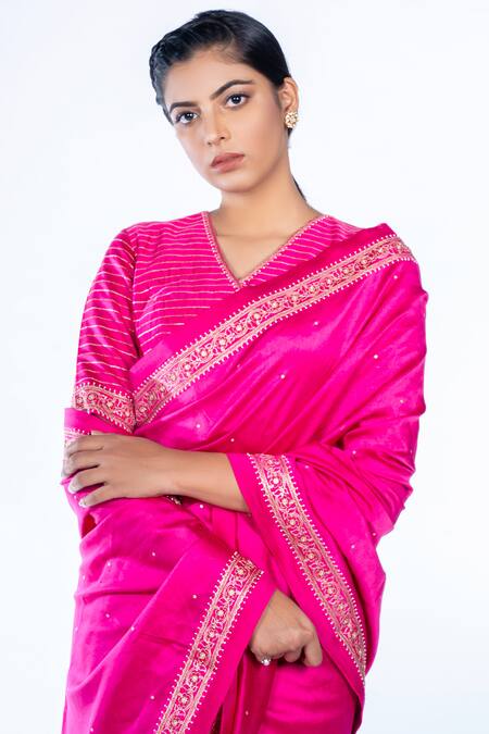 Buy_Deep Thee_Pink Chanderi Silk V Neck Saree With Blouse _Online_at_Aza_Fashions