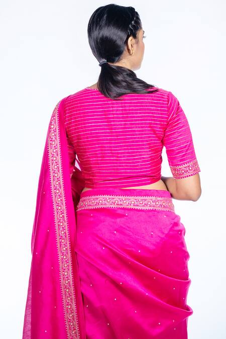 Shop_Deep Thee_Pink Chanderi Silk V Neck Saree With Blouse _Online_at_Aza_Fashions