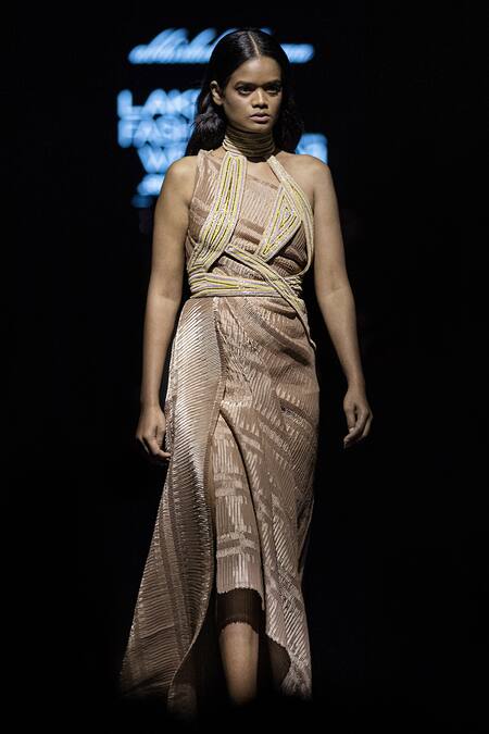 Abhishek Sharma_Beige Lame Heat Pleated And Metallic Gown One Shoulder, Harness High Neck Draped_Online_at_Aza_Fashions