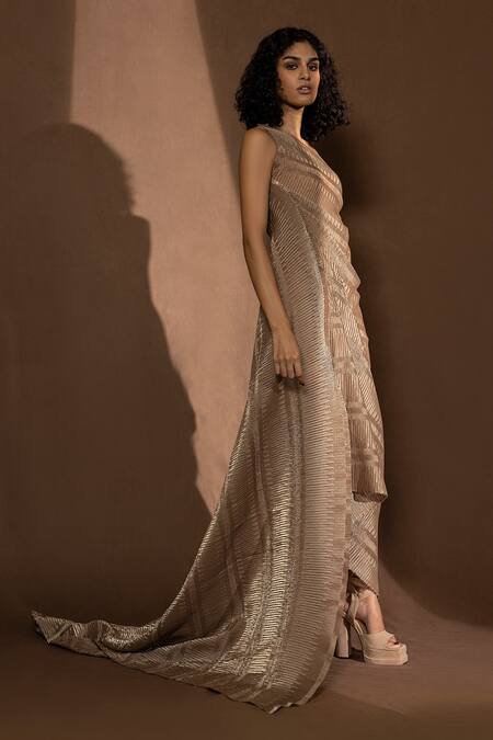 Buy_Abhishek Sharma_Beige Lame Heat Pleated And Metallic Gown One Shoulder, Harness High Neck Draped_Online_at_Aza_Fashions