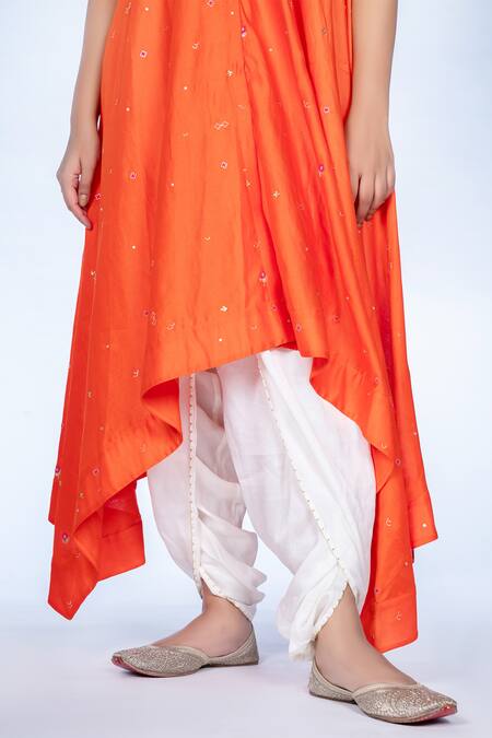 Buy_Deep Thee_Orange Chanderi Silk, Soft Satin V Neck Kurta Set_Online_at_Aza_Fashions