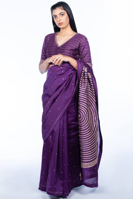 Deep Thee_Purple Chanderi Silk V Neck Saree With Blouse _Online_at_Aza_Fashions