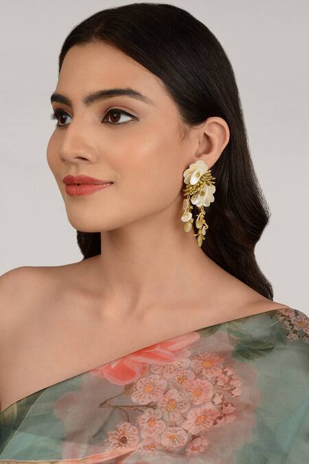 House of D'oro Green Shells And Beads Sampaguita Clustered Dangler Earrings