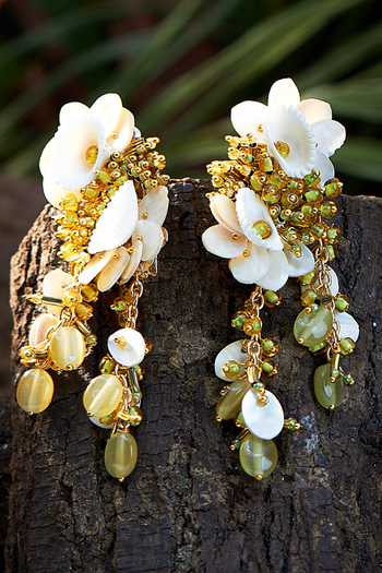 House Of D"Oro_Green Shells And Beads Sampaguita Clustered Dangler Earrings_Online_at_Aza_Fashions