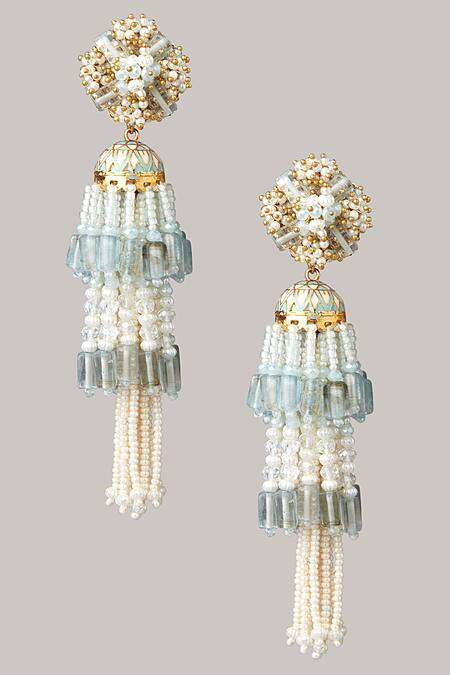 Shop House Of D"Oro Blue Pearl Layered Handmade Tassel Jhumkas at Aza Fashions Shop_House Of D"Oro_Blue Pearl Layered Handmade Tassel Jhumkas_at_Aza_Fashions