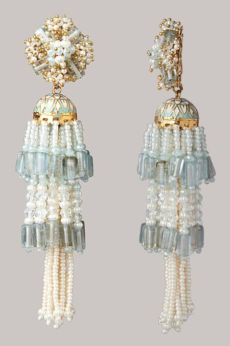 House Of D"Oro Blue Pearl Layered Handmade Tassel Jhumkas Online at Aza Fashions House Of D"Oro_Blue Pearl Layered Handmade Tassel Jhumkas_Online_at_Aza_Fashions