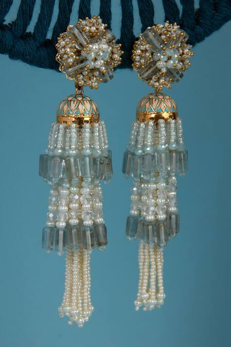 Buy House Of D"Oro Blue Pearl Layered Handmade Tassel Jhumkas Online at Aza Fashions Buy_House Of D"Oro_Blue Pearl Layered Handmade Tassel Jhumkas_Online_at_Aza_Fashions