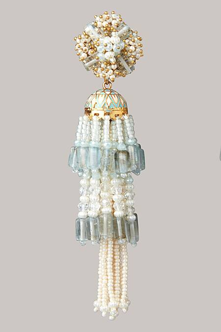 Shop House Of D"Oro Blue Pearl Layered Handmade Tassel Jhumkas Online at Aza Fashions Shop_House Of D"Oro_Blue Pearl Layered Handmade Tassel Jhumkas_Online_at_Aza_Fashions
