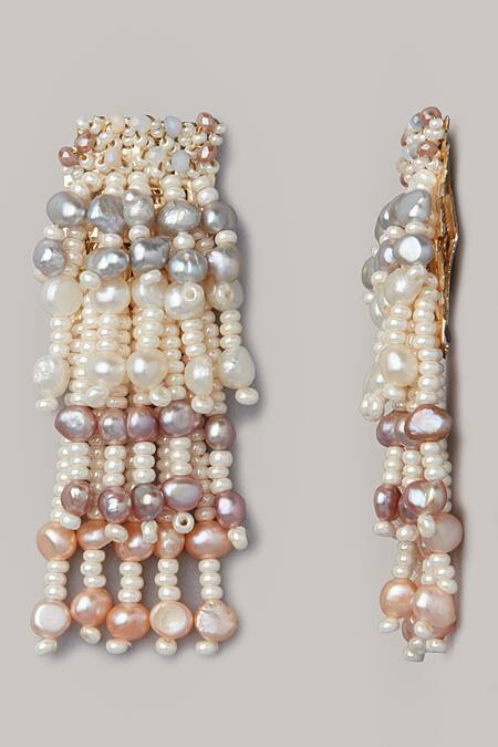 House Of D"Oro_White Pearls Layered Handmade Long Earrings_Online_at_Aza_Fashions