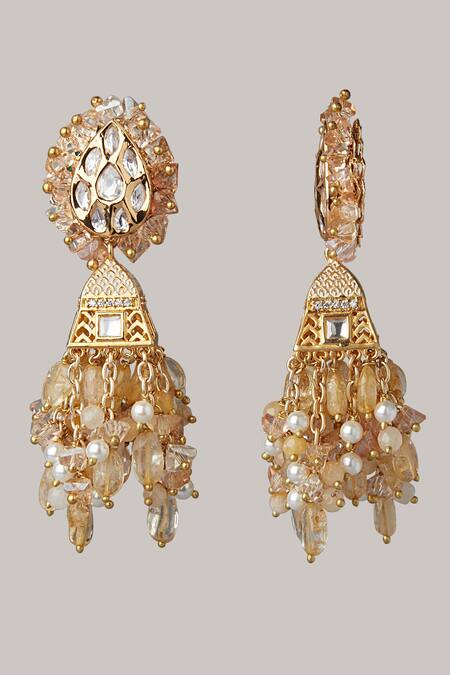 House Of D"Oro_Pink Stone Handmade Tassel Jhumkas_Online_at_Aza_Fashions