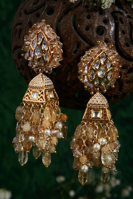 Buy_House Of D"Oro_Pink Stone Handmade Tassel Jhumkas_Online_at_Aza_Fashions