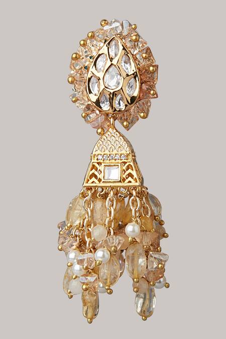 Shop_House Of D"Oro_Pink Stone Handmade Tassel Jhumkas_Online_at_Aza_Fashions