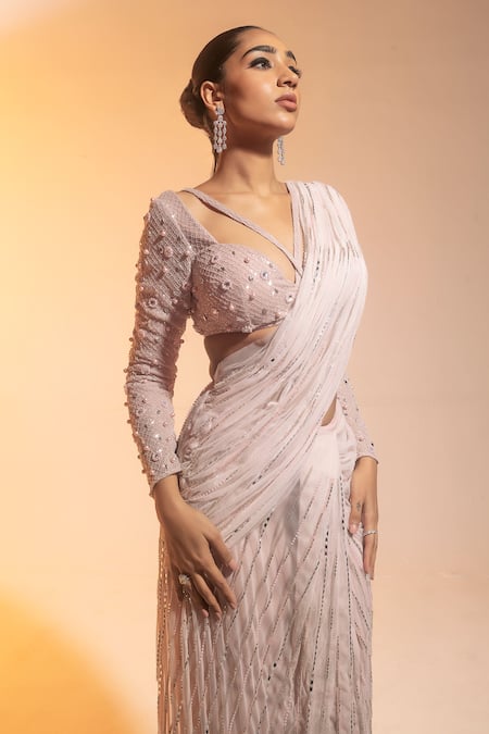 Shop_SAANJH BY LEA_Pink Satin, Muslin Sequins, Diya Hand Embroidered Pre-draped Saree With Blouse _Online_at_Aza_Fashions