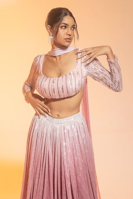 SAANJH BY LEA_Pink Net Sequins, Beads, Cut Work Scoop Anaisha Ombre Embroidered Lehenga Set _Online_at_Aza_Fashions