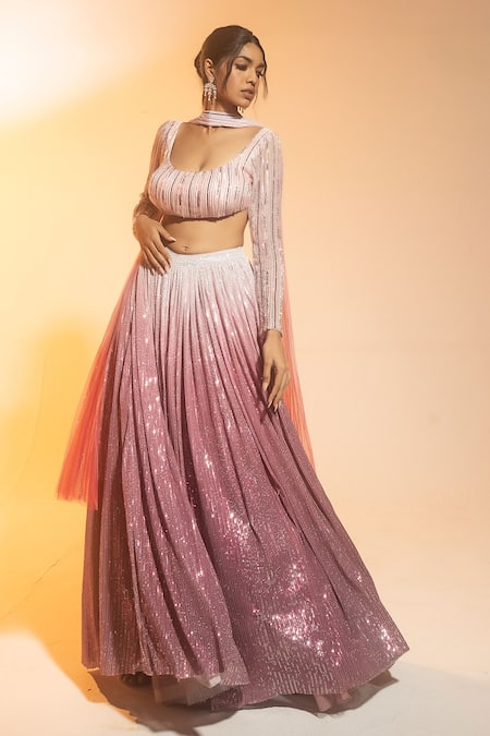 Buy_SAANJH BY LEA_Pink Net Sequins, Beads, Cut Work Scoop Anaisha Ombre Embroidered Lehenga Set _Online_at_Aza_Fashions