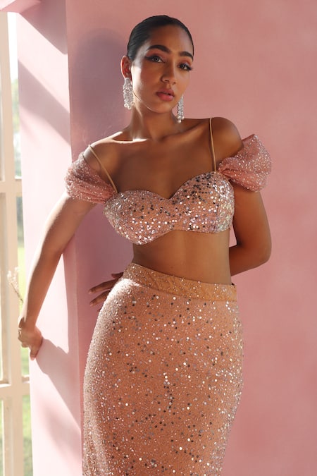 Buy_SAANJH BY LEA_Beige Polyester, Polyamide Shazana Embroidered Blouse And Mermaid Lehenga Set _Online_at_Aza_Fashions