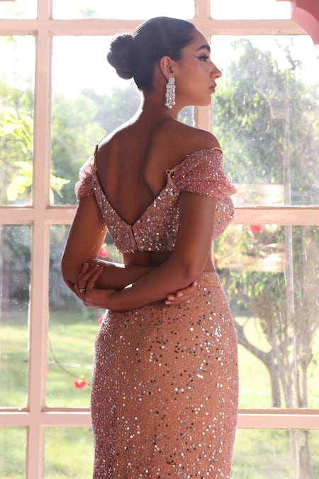 SAANJH BY LEA_Beige Polyester, Polyamide Shazana Embroidered Blouse And Mermaid Lehenga Set _at_Aza_Fashions