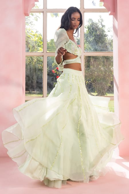 SAANJH BY LEA_Green Satin, Organza Pearls, Beads Yashika Embroidered Blouse _Online_at_Aza_Fashions