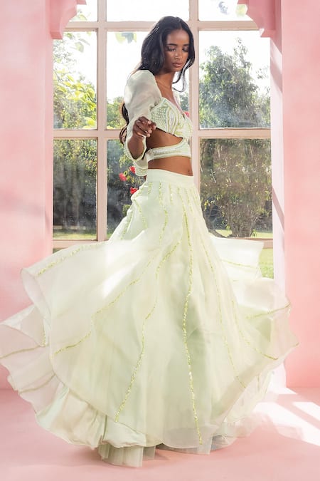 Saanjh By Lea_Green Organza Sequins Vanya Embellished Lehenga _Online_at_Aza_Fashions