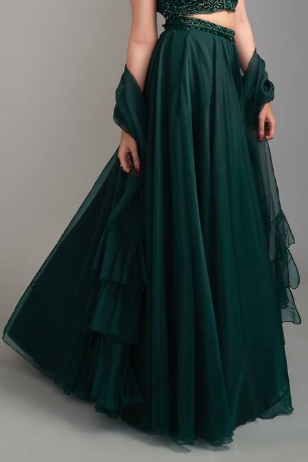 Shop Devika Seth Green Organza V Neck Embellished Lehenga Set at Aza Fashions Shop_Devika Seth_Green Organza V Neck Embellished Lehenga Set_at_Aza_Fashions
