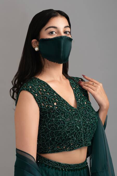 Devika Seth Green Organza V Neck Embellished Lehenga Set Online at Aza Fashions Devika Seth_Green Organza V Neck Embellished Lehenga Set_Online_at_Aza_Fashions