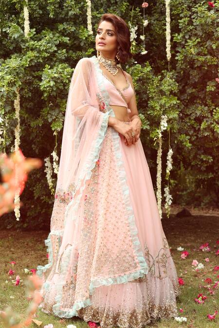 Buy_Rajiramniq_Pink Organza, Net, Dupion Silk V Neck Embroidered Lehenga Set _Online_at_Aza_Fashions