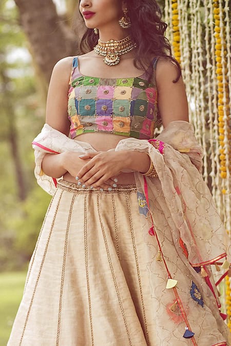 Rajiramniq_White Silk, Organza, Tissue Chanderi U Neck Lehenga Set _Online_at_Aza_Fashions