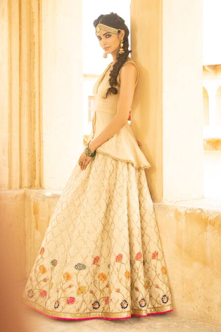 Shop_Rajiramniq_White Silk, Tissue Chanderi Round Lehenga Set _Online_at_Aza_Fashions