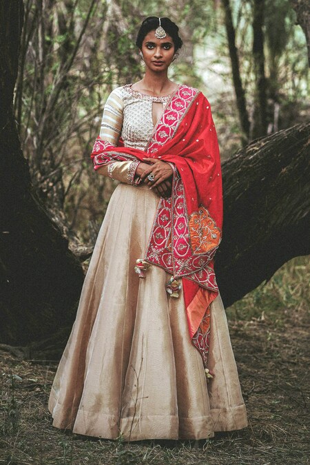 lehenga choli imprimé coton rouge et blanc avec dupatta - LC5671