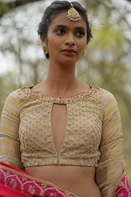 Rajiramniq_Gold Tissue Chanderi Round Blouse And Lehenga Set _at_Aza_Fashions