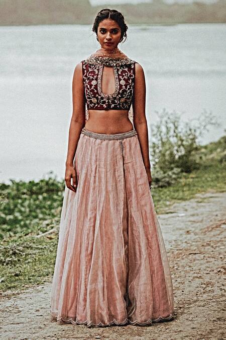 Buy_Rajiramniq_Pink Net, Dupion Silk, Tissue Chanderi Round Bridal Lehenga Set _Online_at_Aza_Fashions