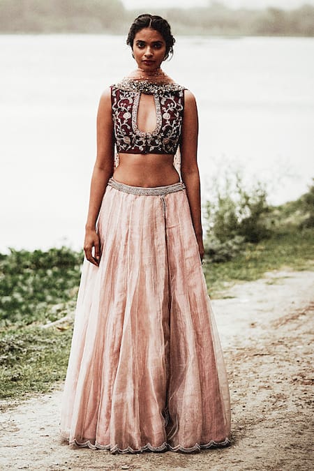 Rajiramniq_Pink Net, Dupion Silk, Tissue Chanderi Round Bridal Lehenga Set _Online_at_Aza_Fashions