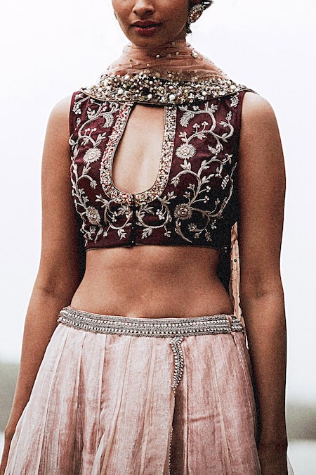 Shop_Rajiramniq_Pink Net, Dupion Silk, Tissue Chanderi Round Bridal Lehenga Set _Online_at_Aza_Fashions