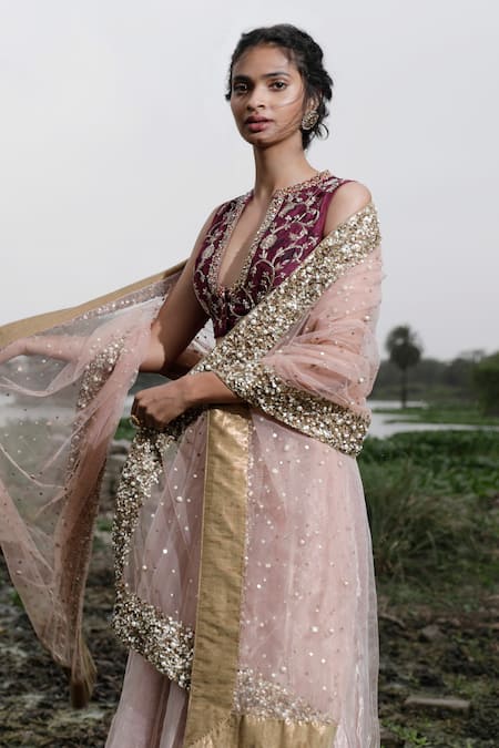 Rajiramniq_Pink Net, Dupion Silk, Tissue Chanderi Round Bridal Lehenga Set _at_Aza_Fashions