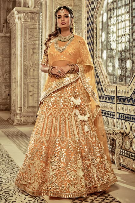 Shop_Archana Kochhar_Yellow Lehenga And Blouse Organza Dupatta Net Leather Genda Work Bridal Set _at_Aza_Fashions