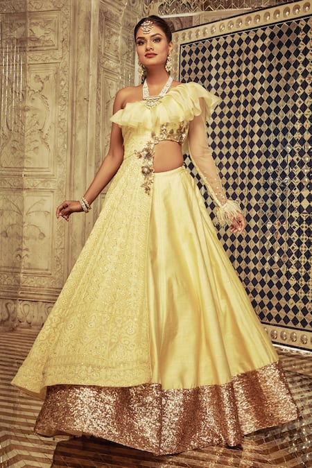 Archana Kochhar Yellow Anarkali Lucknowi Lehenga Raw Silk Embroidered Sequins Ruffle And Set 