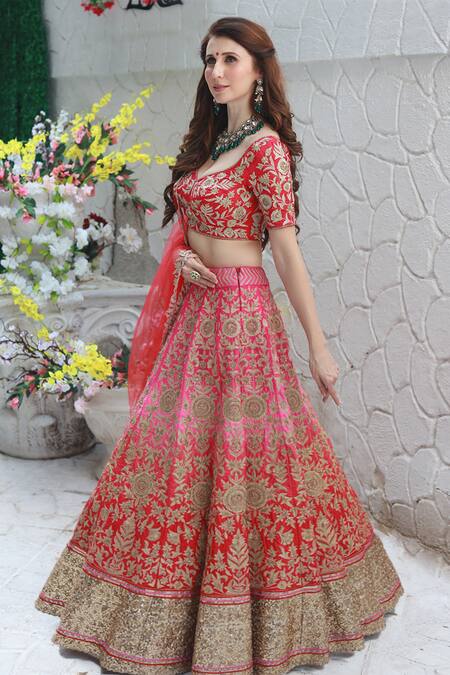 Buy_Archana Kochhar_Red Lehenga And Blouse Raw Silk Dupatta Net Kasab Ombre Floral Bridal Set _Online_at_Aza_Fashions