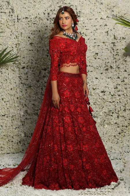 Archana Kochhar_Red Net Resham Hand Work V Neck Floral Embroidered Bridal Lehenga Set _Online_at_Aza_Fashions