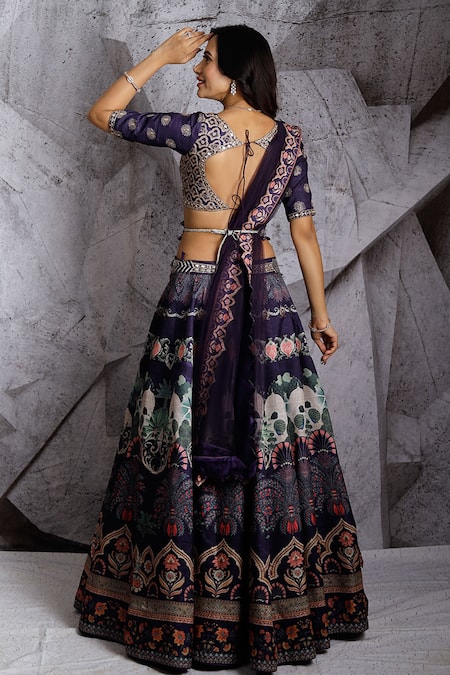 Shop Archana Kochhar Blue Blouse And Lehenga Raw Silk Dupatta Net Mirror Work, Floral Print Set at Aza Fashions Shop_Archana Kochhar_Blue Blouse And Lehenga Raw Silk Dupatta Net Mirror Work, Floral Print Set _at_Aza_Fashions