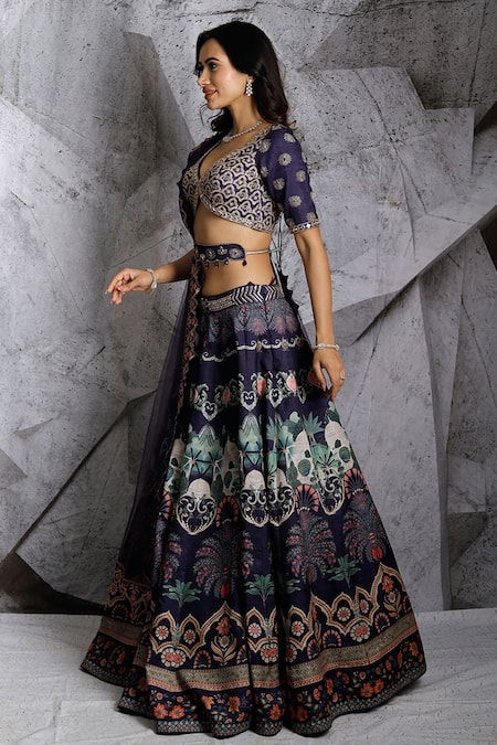 Archana Kochhar Blue Blouse And Lehenga Raw Silk Dupatta Net Mirror Work, Floral Print Set Online at Aza Fashions Archana Kochhar_Blue Blouse And Lehenga Raw Silk Dupatta Net Mirror Work, Floral Print Set _Online_at_Aza_Fashions