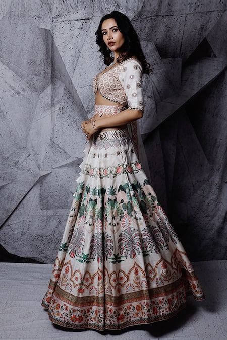 Archana Kochhar_Ivory Blouse And Lehenga Raw Silk Dupatta Net Mirror Work, Floral Bridal Set _Online_at_Aza_Fashions