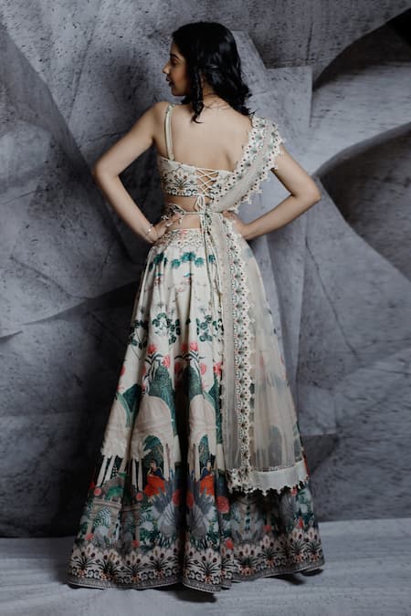 Shop_Archana Kochhar_Ivory Blouse And Lehenga Raw Silk Dupatta Net Beads, Gold Printed Bridal Set _at_Aza_Fashions