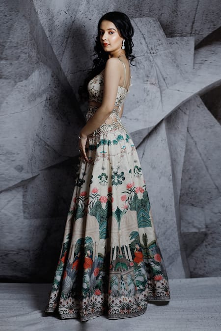 Archana Kochhar_Ivory Blouse And Lehenga Raw Silk Dupatta Net Beads, Gold Printed Bridal Set _Online_at_Aza_Fashions