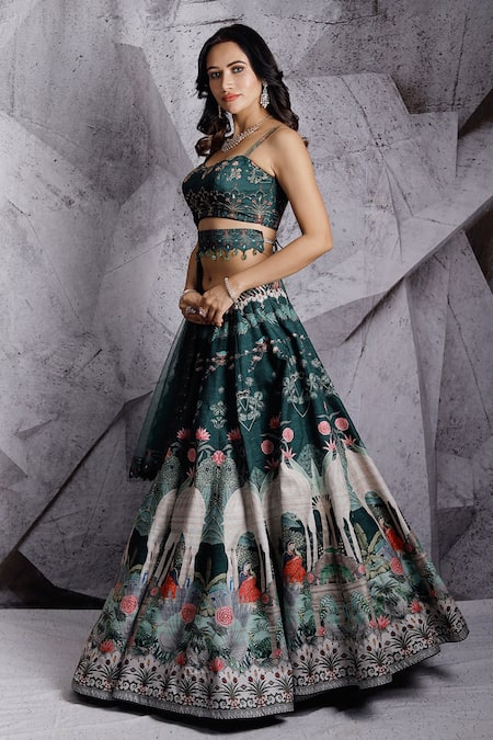 Archana Kochhar_Green Dupatta Net, Lehenga And Blouse Raw Silk Floral, & Print Bridal Set _Online_at_Aza_Fashions