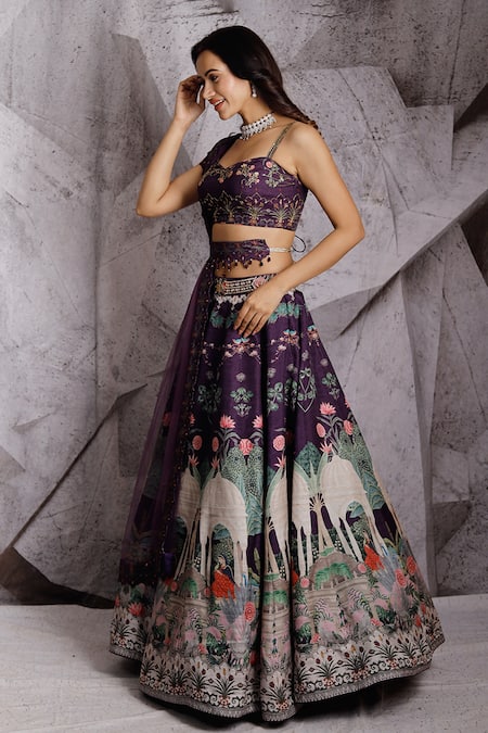 Archana Kochhar_Purple Dupatta Net, Lehenga And Blouse Raw Silk Floral, & Print Bridal Set _Online_at_Aza_Fashions